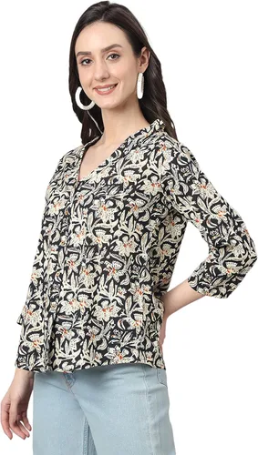 Vista 5 de Janasya Top regular con estampado floral de algodón negro para mujer india