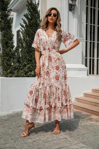 Vista 3 de R.Vivimos - Vestido por debajo de la rodilla para mujer, de manga corta, de algodón, con cuello en V, diseño floral y estilo informalbohemio