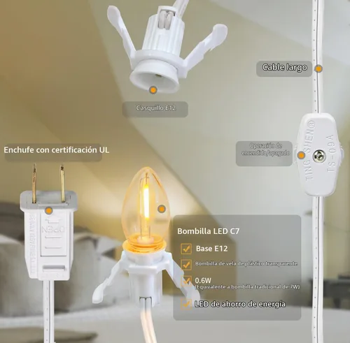 Vista 2 de Cable accesorio con luces nocturnas LED - Cable blanco con interruptor de encendido/apagado, bombillas C7 blancas cálidas y fusible de repuesto