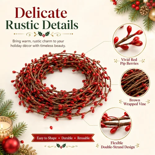 Vista 3 de RAINFLOW 40 FT Red Berry Garland - 2 Rolls Pip Berry Garland for Christmas