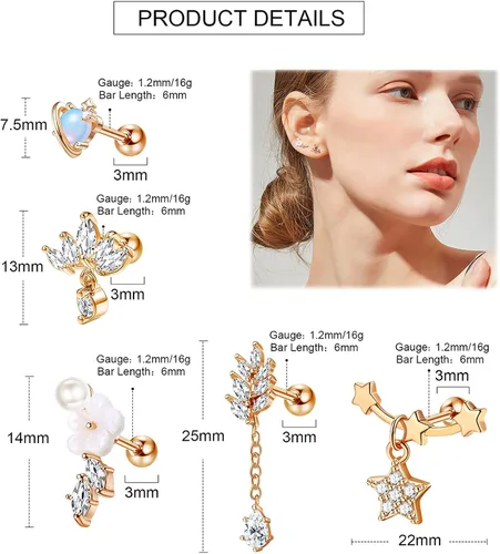 Vista 5 de JOERICA 9 aretes de cartílago para mujer, acero inoxidable 316L, chapados en oro, circonia cúbica, colgantes, hélix, tragus, cartílago, piercing
