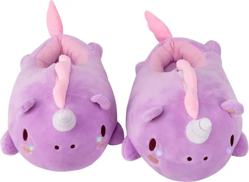 Vista 4 de SMOKO Pantuflas de unicornio iluminadas, calentadores de pies de felpa con mejillas LED, bonito estilo kawaii, Morado, talla única