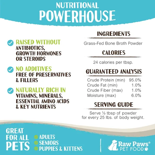 Vista 3 de Raw Paws Caldo de hueso de res para perros y gatos, 6 onzas, fabricado en Estados Unidos, adorno de alimentos, caldo de hueso en polvo de proteína