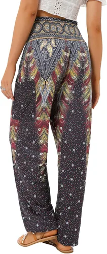 Vista 2 de QIANXIZHAN - Pantalones harén para mujer, pantalones bohemios de yoga con cintura alta y bolsillos