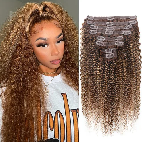 Vista 12 de Extensiones de cabello humano real rizado con clip, balayage, color marrón chocolate a rubio caramelo, 8 piezas con 18 clips, 4.23 oz/juego