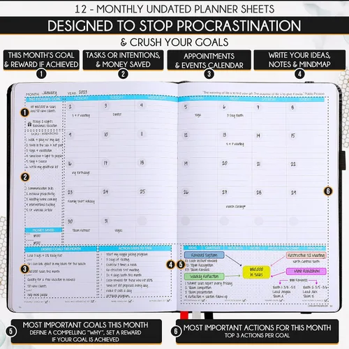 Vista 4 de Planificador de Vida - Agenda Semanal y Mensual Sin Fecha, Viaje de 12 Meses para Aumentar la Productividad Diario de Gratitud, Organizador