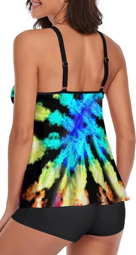 Vista 2 de Conjunto de tankini con control de abdomen para mujer, traje de baño de dos piezas, blusa sin mangas con pantalones cortos