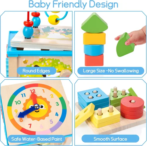 Vista 3 de WOODMAM Cubo de Actividades de Madera 7 en 1, Juguetes Montessori para Niños Pequeños de 1 Año, Juguetes Educativos de Desarrollo para Bebés