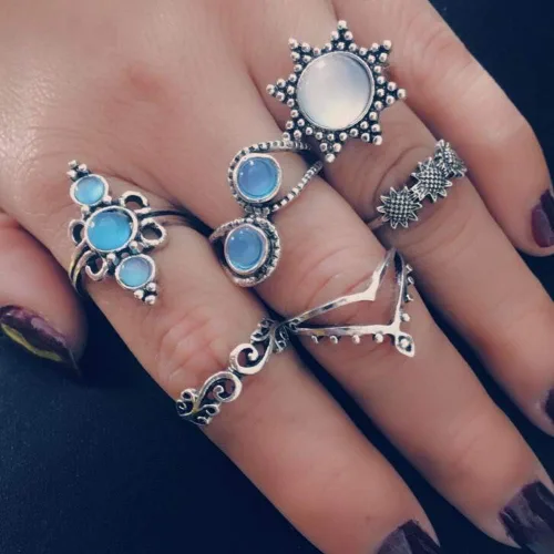 Vista 6 de Missgrace Anillos apilables bohemios para nudillos para mujeres, adolescentes y niñas, estilo bohemio, vintage, geométrico, cristal, 11
