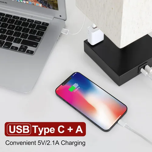 Vista 3 de Lámpara de mesa para dormitorio, lámpara táctil pequeña con puertos de carga USB C+A y salidas de CA, lámpara de mesita de noche regulable de 3 vías