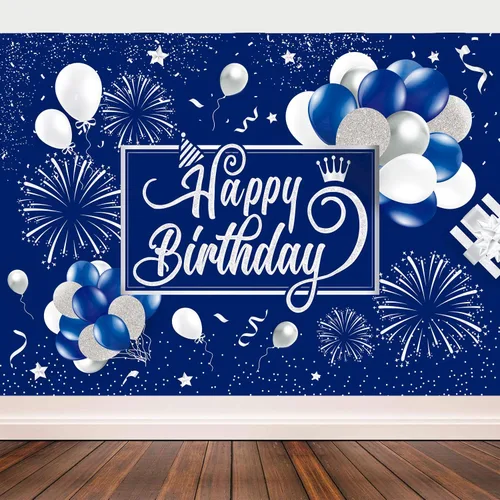 Vista 6 de Telón de fondo de cumpleaños azul y plateado con purpurina para fuegos artificiales, fondo de fotos para niños, hombres y mujeres, patio grande