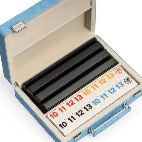 Vista 9 de Juego de Rummy, 2 a 4 jugadores con 106 fichas y 4 bastidores, juego de viaje Rummy con funda de piel sintética, divertidos juegos de mesa clásicos
