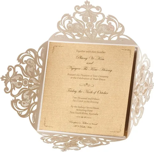 Vista 8 de Hosmsua 50 tarjetas de invitación de boda negras cortadas con láser con sobres, invitaciones de rosa hueca de 6.3 x 6.3 pulgadas para boda