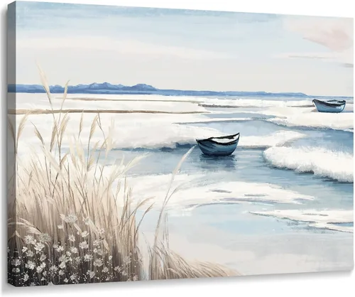 Vista 24 de Arte de pared para baño, decoración costera, barco náutico en la playa, lienzo con imagen de gaviota del océano, paisaje marino, arte de granja
