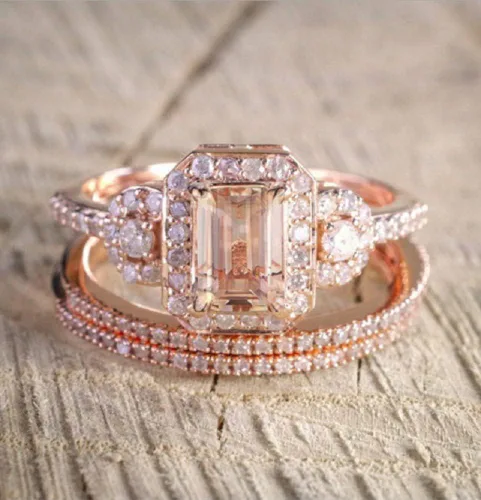 Vista 3 de Elegante anillo de compromiso de morganita relleno de oro rosa de 18 quilates para mujer, talla 6-10 (EE. UU. 7)
