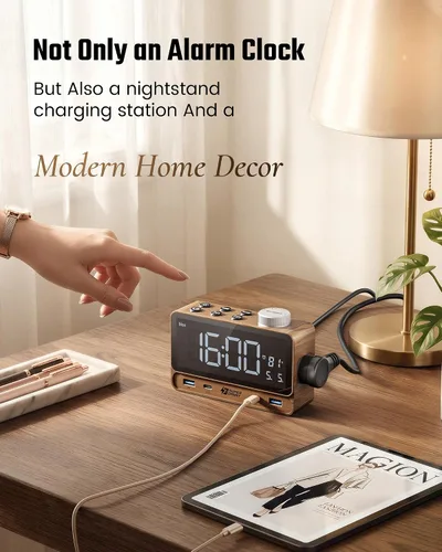 Vista 10 de SUPERDANNY Reloj despertador con PD de 20 W, 4 puertos USB, tira de alimentación de 2 tomas de CA, relojes despertadores digitales para dormitorios