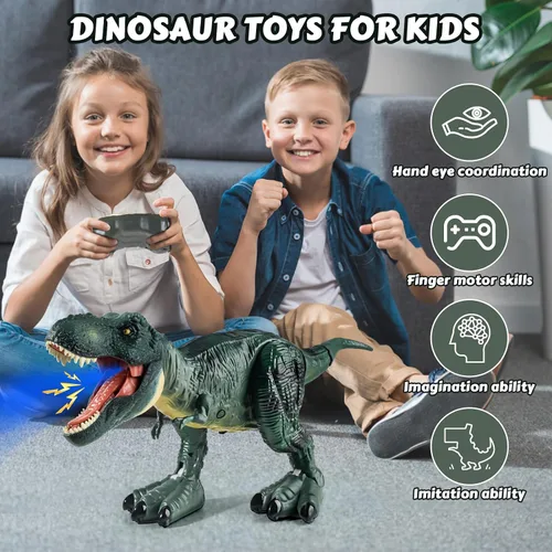 Vista 5 de Tyrannosaurus - Juguetes de dinosaurio a control remoto para niños de 3 a 12 años, velocidad ajustable T Rex juguetes con rociador de niebla, luz