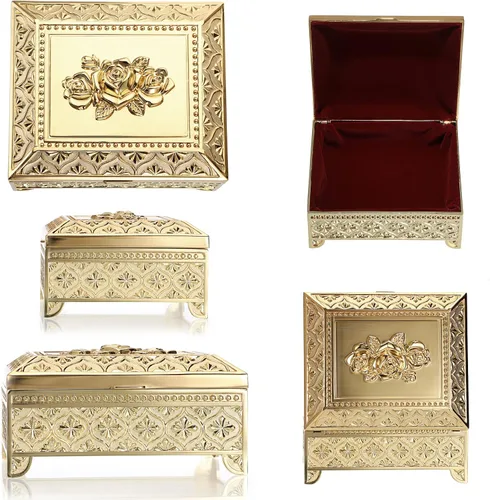 Vista 8 de Hipiwe Caja de joyería de metal vintage, caja de almacenamiento de baratijas, caja rectangular para cofre del tesoro, aretes, anillo, collar