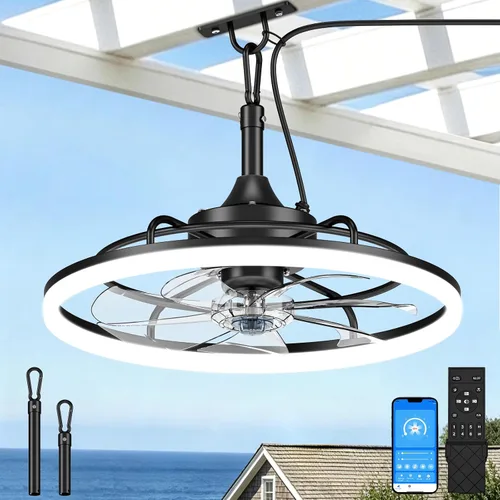 Vista 9 de VOLISUN Ventiladores de techo para exteriores con luz para patios, ventilador de techo resistente a la intemperie, enchufe de 19.7 pulgadas Madera