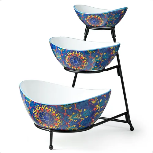 Vista 10 de YHOSSEUN Soporte de 3 niveles para servir con juego de 3 tazones ovalados de porcelana para servir con soporte de metal plegable más grueso