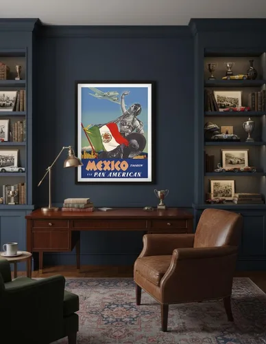 Vista 4 de México – Mañana – via Pan American Airways (PAA) – Bandera de México – Póster vintage de viaje de aerolínea por Paul George Lawler c.1940