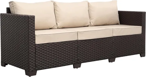 Vista 9 de Rattan Star Muebles de exterior, sofá de 3 plazas, sofá de mimbre marrón para exteriores, asiento profundo, respaldo alto, sofá de patio con cojines