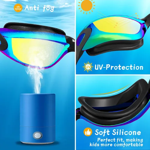 Vista 3 de Paquete de 2 gafas de natación sin fugas, antivaho y UV, gafas de natación para adultos, hombres y mujeres, lentes de policarbonato con espejo HD