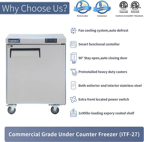 Vista 4 de ICECASA 27" de ancho Congelador comercial de encimera para debajo del mostrador de una puerta de acero inoxidable con enfriamiento por ventilador