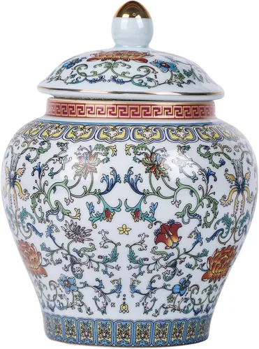 Vista 8 de Tarro clásico de jengibre esmaltado, hecho a mano, diseños inspirados en la dinastía Yuan y Ming, motivos florales de colores vibrantes en jarrón