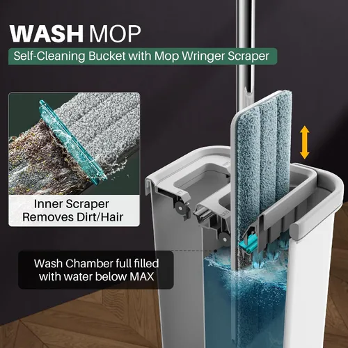 Vista 2 de JOYMOOP Juego de mopa y cubo con escurridor, mopa y cubo de piso plano sin manos, mopa de 60" con 3 almohadillas de microfibra reutilizables, uso