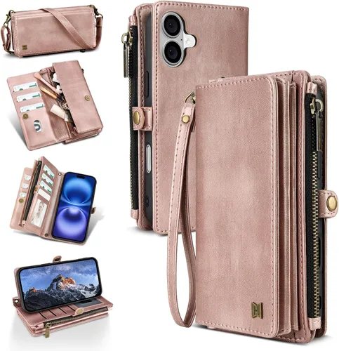 Vista 25 de Funda tipo cartera para iPhone 16 Pro Max con 8 tarjeteros, bloqueo RFID, piel sintética, función atril, abatible, correa de muñeca y correa