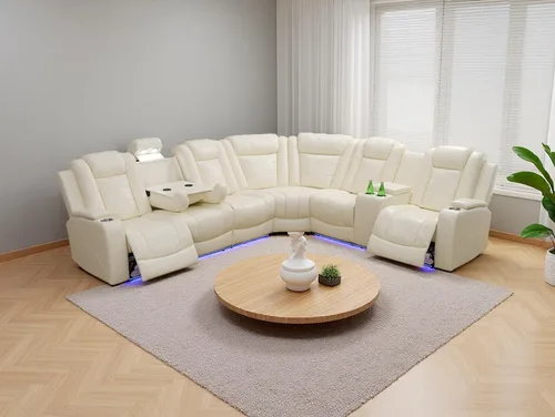 Vista 21 de Sofá reclinable de cuero transpirable con luz LED, sofá modular eléctrico con consola de almacenamiento, soporte para tazas para cine en casa, sala
