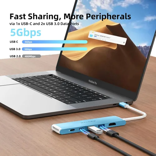 Vista 3 de WALNEW Hub USB-C 7 en 1 con HDMI 4K, 100 W PD, puerto de datos de 5 Gbps (1 tipo C y 2 USB 3.0), lector SD/TF, adaptador multipuerto Thunderbolt 4