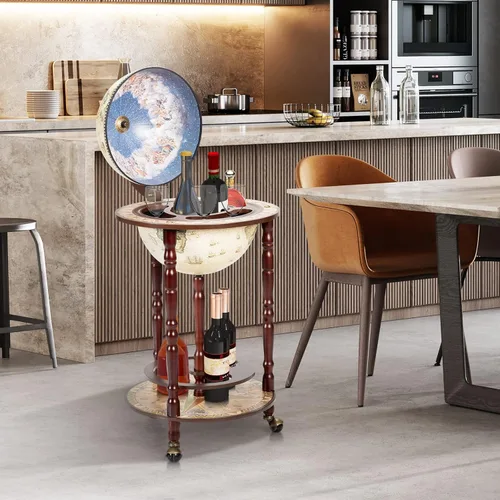 Vista 9 de Goplus Globo Bar, gabinete de licor con forma de globo de 17.5", con ruedas, estante inferior, mapa del mundo antiguo, réplica italiana del siglo