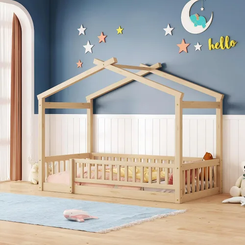Vista 14 de MERITLINE Cama individual Montessori para niños, marco de cama individual Montessori con rieles y techo, no necesita somier, para niños, Gris