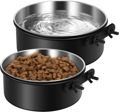 Vista 10 de Cuenco de agua para perrera, caja de acero inoxidable para perros, tazón de agua sin derrames, paquete de 2 cuencos colgantes para jaula de perrera