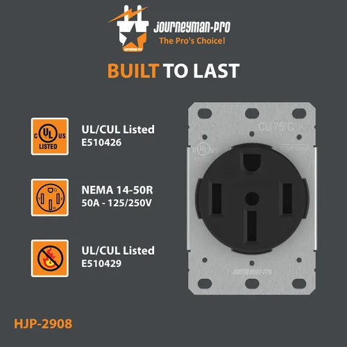 Vista 3 de Journeyman-Pro NEMA 14-50 de grado comercial/industrial aprobado por la U.L. 50 AMP 240V Receptáculo de pared 50 A para vehículos recreativos