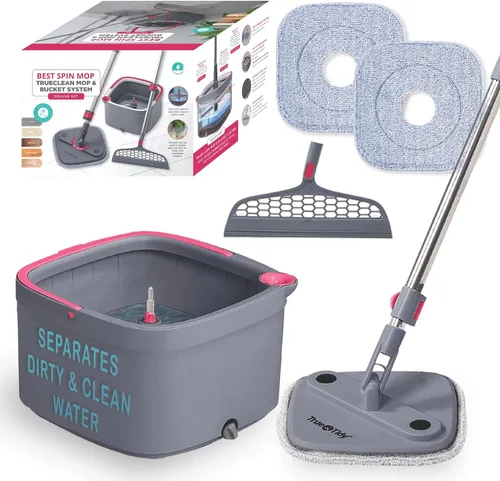 Vista 10 de TRUE & TIDY Sistema de trapeador giratorio cuadrado y cubeta – Doble cámara para agua limpia y sucia, trapeador giratorio de 360° con autoescurrido
