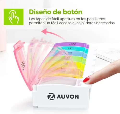Vista 2 de AUVON Organizador semanal de pastillas apto para artritis, sin BPA, estuche pastillero de viaje de 7 días con diseño de apertura por resorte