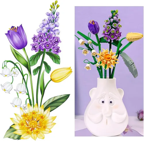 Vista 8 de OSDUE Juego de construcción de ramos de flores de ladrillos pequeños, flores artificiales, decoración única para el hogar, 534 piezas colección