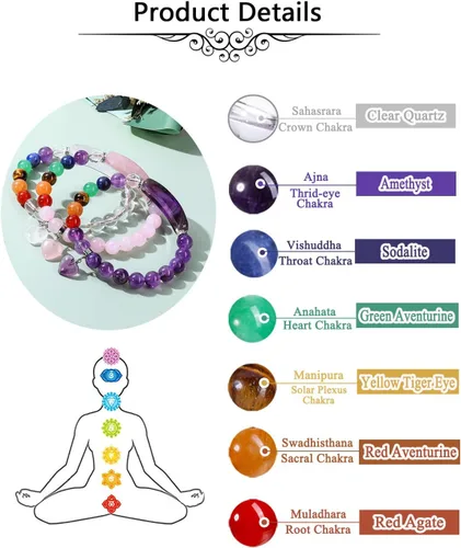 Vista 3 de Jovivi Pulseras de 7 chakras para mujeres y hombres, piedras preciosas naturales de chakras de 0.315 pulgadas, cuentas redondas de amatista, pulsera