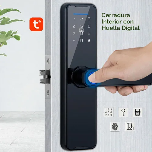 Vista 2 de Tuya Smart Lock - Cerradura de puerta con huella digital y teclado con asa, cerrojo electrónico, compatible con la aplicación Tuya