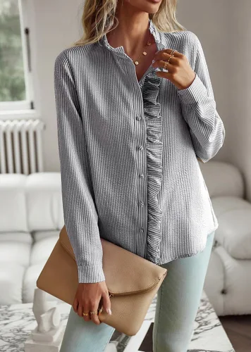 Vista 2 de chouyatou Blusa de manga larga para mujer, casual, holgada, con botones, con volantes