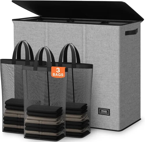Vista 15 de SOLEDI Cesta de lavandería de 3 secciones de 180L con tapa, cesta de ropa sucia extragrande con asas resistentes para lavandería y dormitorio