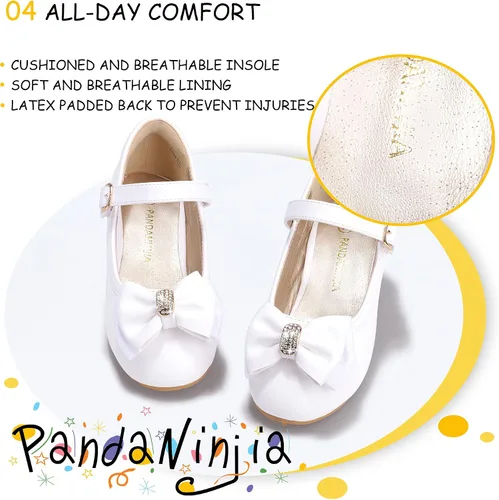 Vista 7 de PANDANINJIA Vestido de jada para niñas y niños pequeños, zapatos de princesa Mary Jane con tacones con lazo para fiesta, boda, boda