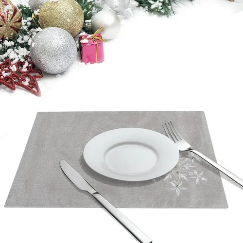 Vista 2 de OWENIE Juego de 4 manteles individuales de mesa de Navidad, manteles individuales plateados con bordado de lentejuelas, manteles individuales grises