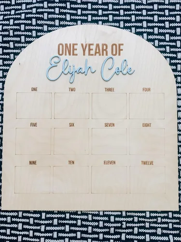 Vista 3 de One year of Baby Photos First Birthday Wood Acrylic Sign Milestones Sign Monthly Photos 12 Months of First Year Sign Laser Engraved Wood