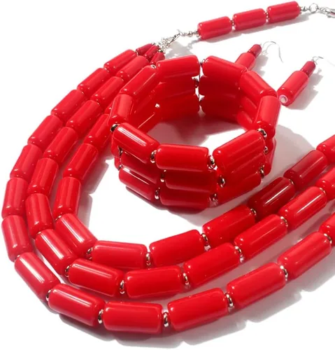 Vista 4 de Juego de collar de cuentas multicapa de estilo bohemio + aretes + pulsera para mujeres y niñas
