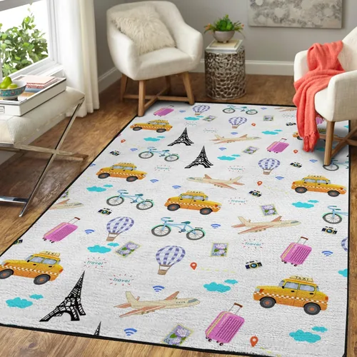 Vista 2 de Divertidas alfombras de viaje retro con globo aerostático, taxi, bicicleta, cámara, maleta, alfombra para el suelo, alfombras para cuarto de bebé