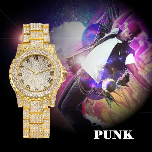Vista 3 de JewelryWe Men Watches Gold Tone Alloy Quartz Watch Stylish Rhinestone Business Casual Dress Wristwatches for Christmas